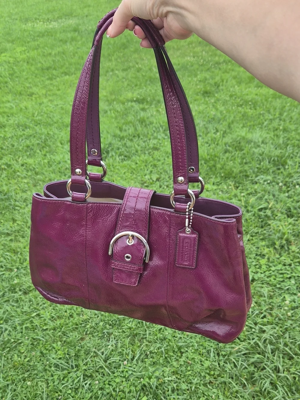 Coach Soho Plum Crinkle Patent Leather Large Buckle Tote Shoulder Bag
